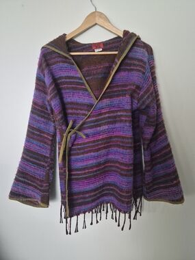 Maui & Billi Hooded Wrap Top Fringe Boho Striped Rayon S